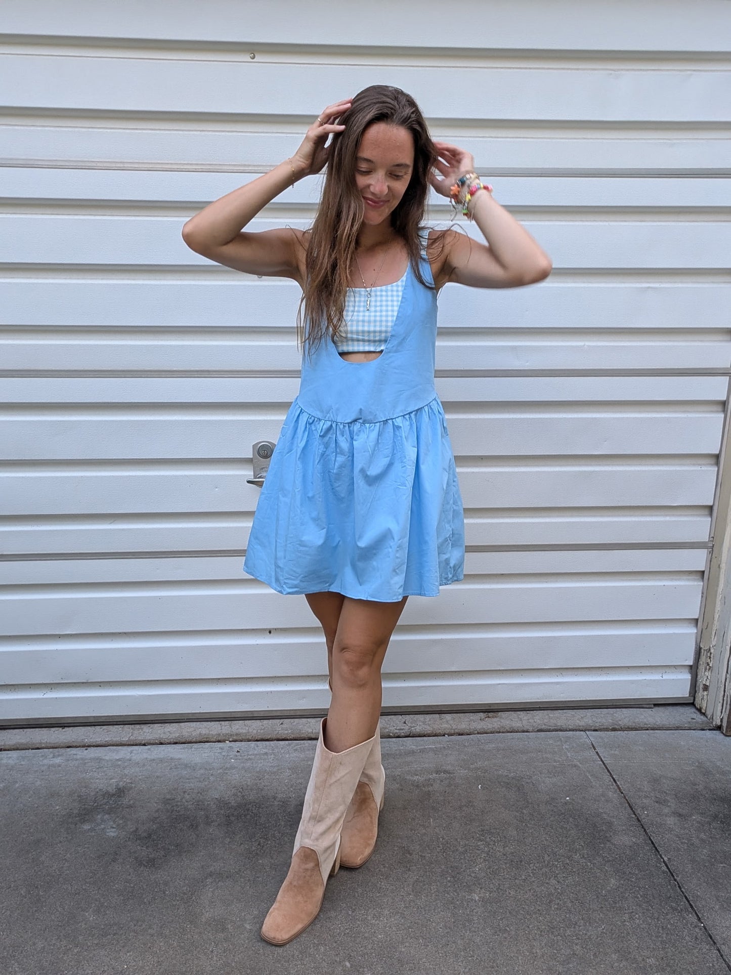 The Sweet Gingham Skies Romper Dress with Pockets