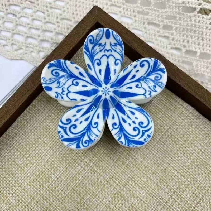Blue & White Porcelain Flower Hair Claw Clip