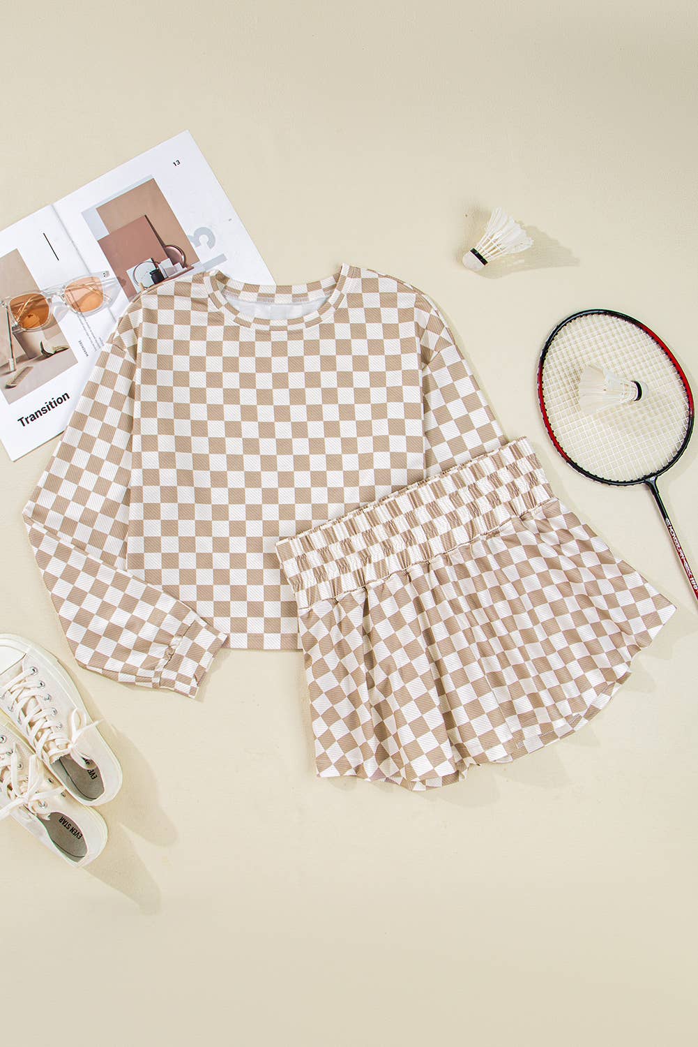 Checkered Vibe Long Sleeve & Flutter Shorts Set — Warm Taupe
