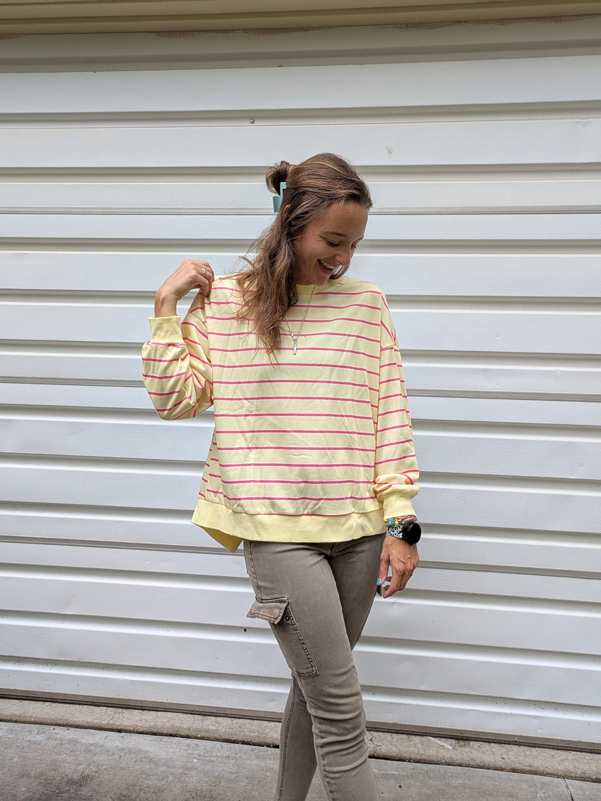 Sunny Day Striped Tulip-Back Pullover Sweatshirt — Butter Yellow & Hot Pink
