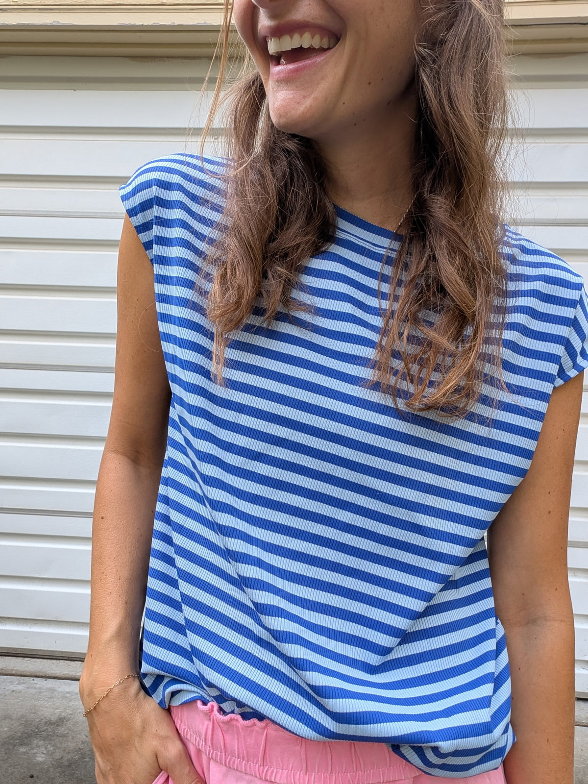 Electric Wave Ribbed Muscle Tank — Cobalt & Sky Blue Stripe