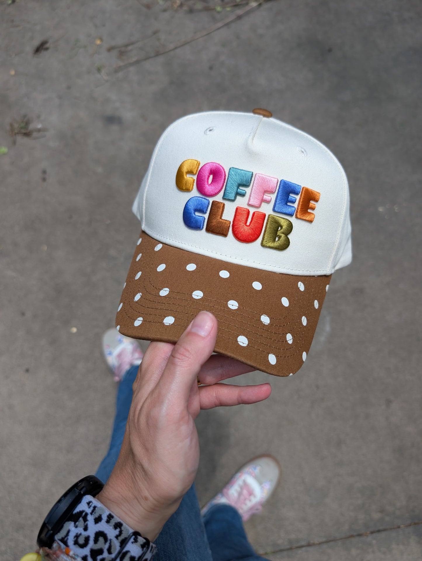 Coffee Club Embroidered Polka Dot Trucker Hat