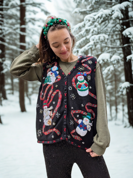 Dancing Snowmen and Plaid Ribbon Christmas Vest