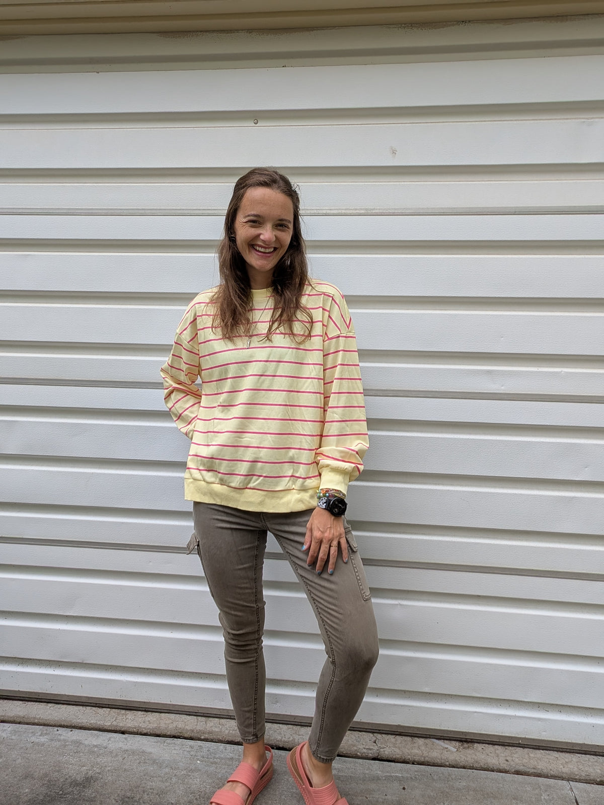 Sunny Day Striped Tulip-Back Pullover Sweatshirt — Butter Yellow & Hot Pink