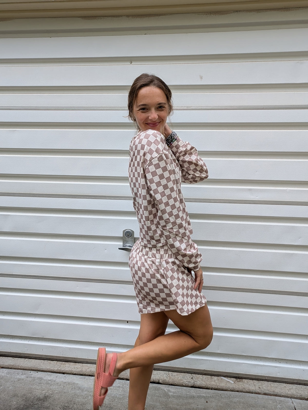 Checkered Vibe Long Sleeve & Flutter Shorts Set — Warm Taupe
