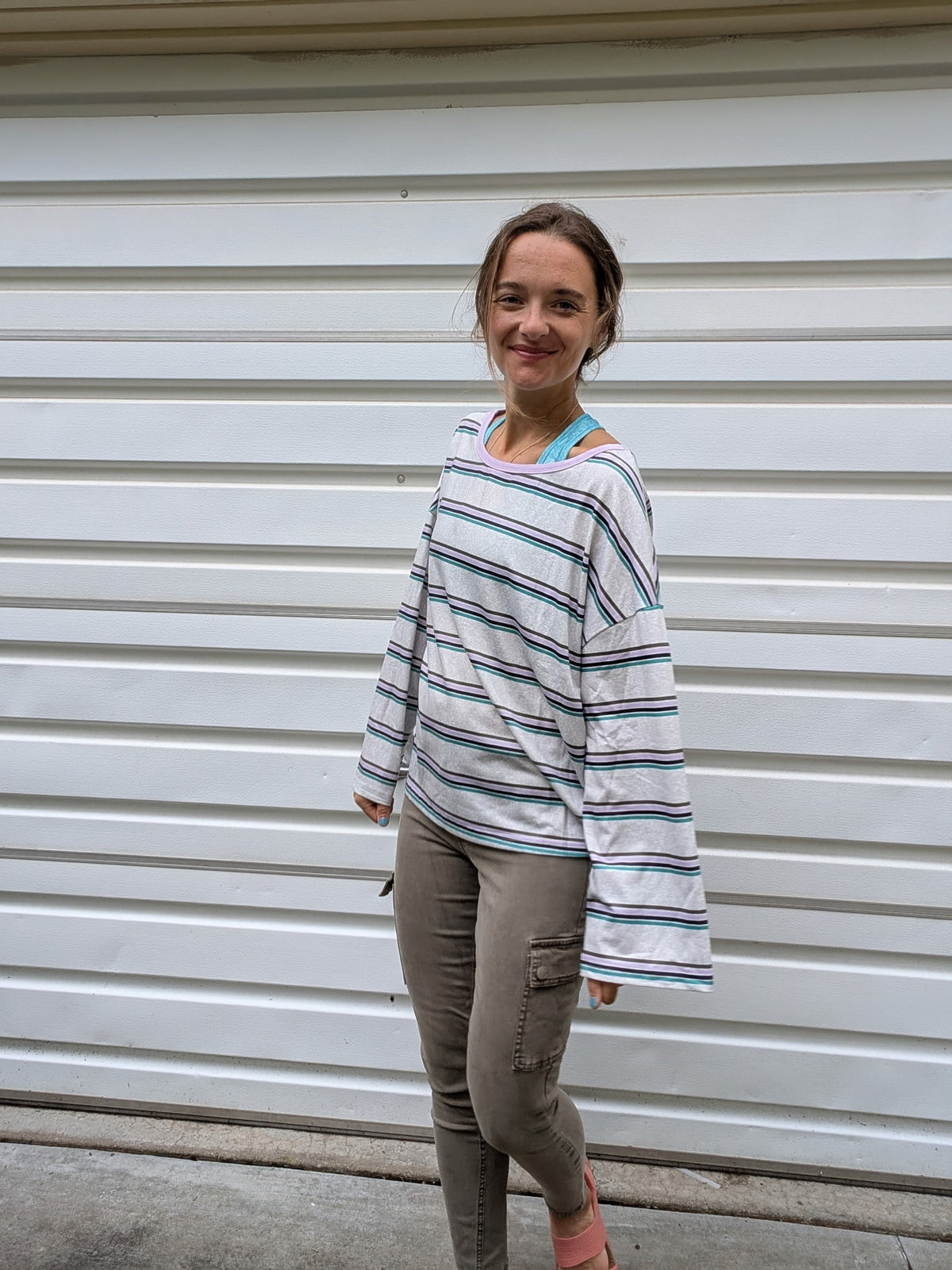 Lavender Haze Slouchy Off-The-Shoulder Long Sleeve — Heather Grey & Lilac Stripe