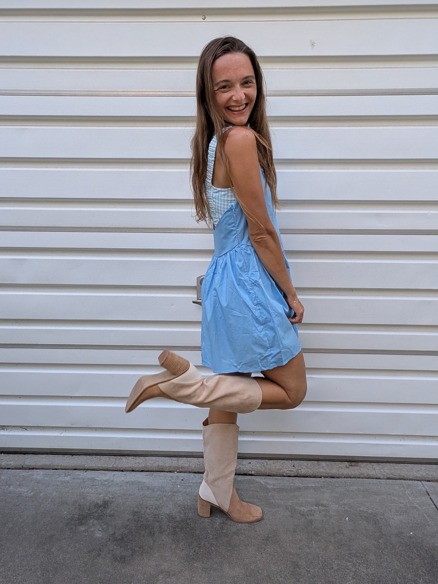 The Sweet Gingham Skies Romper Dress with Pockets