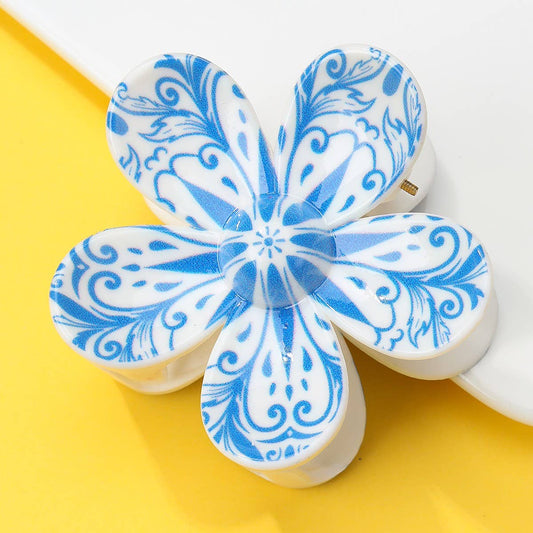 Blue & White Porcelain Flower Hair Claw Clip
