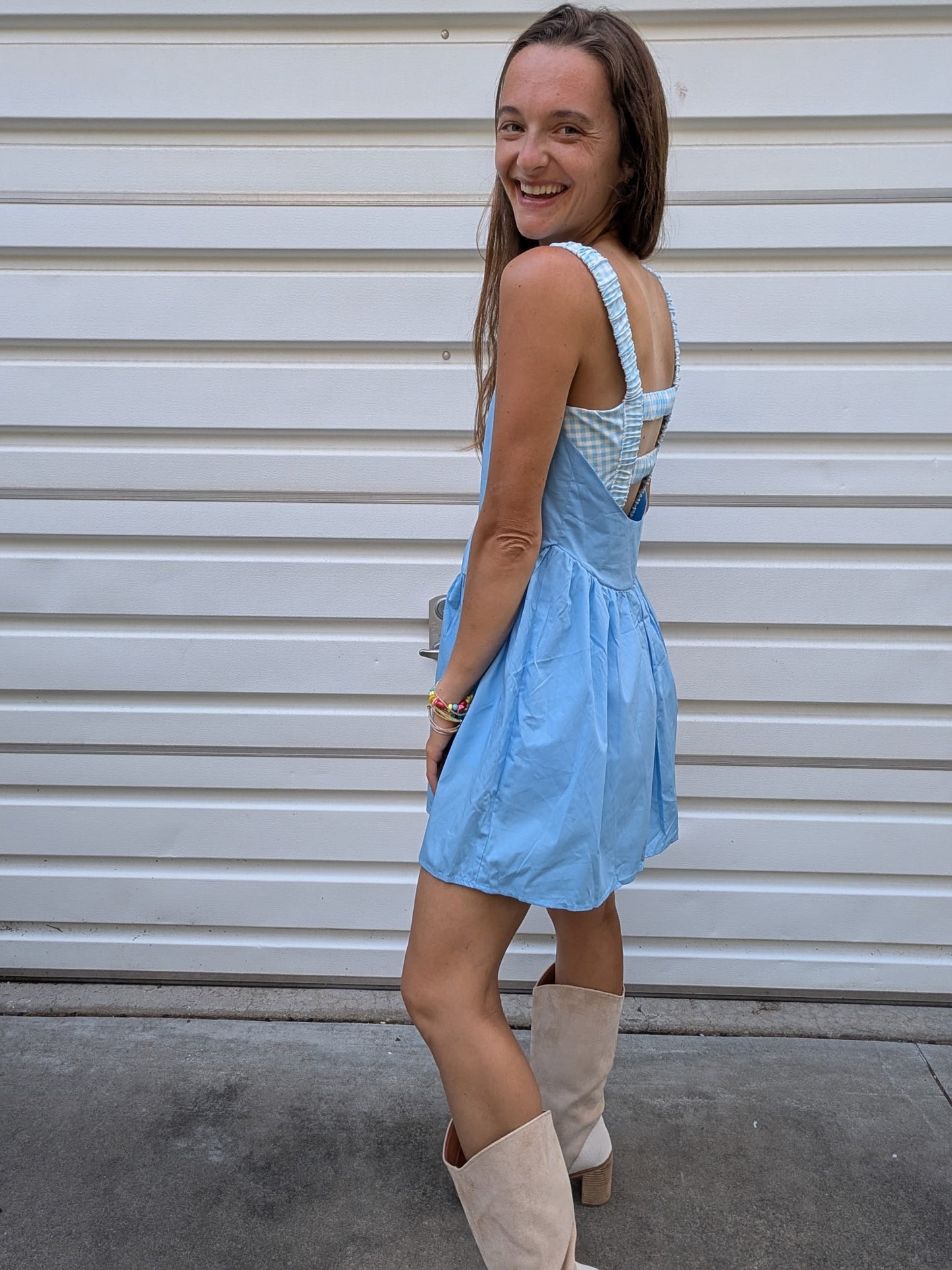 The Sweet Gingham Skies Romper Dress with Pockets