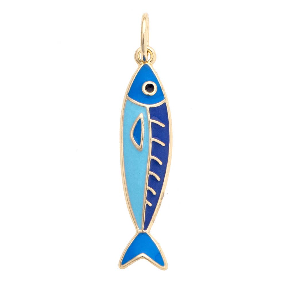 Blue fish-shaped pendant with gold outline on a white background