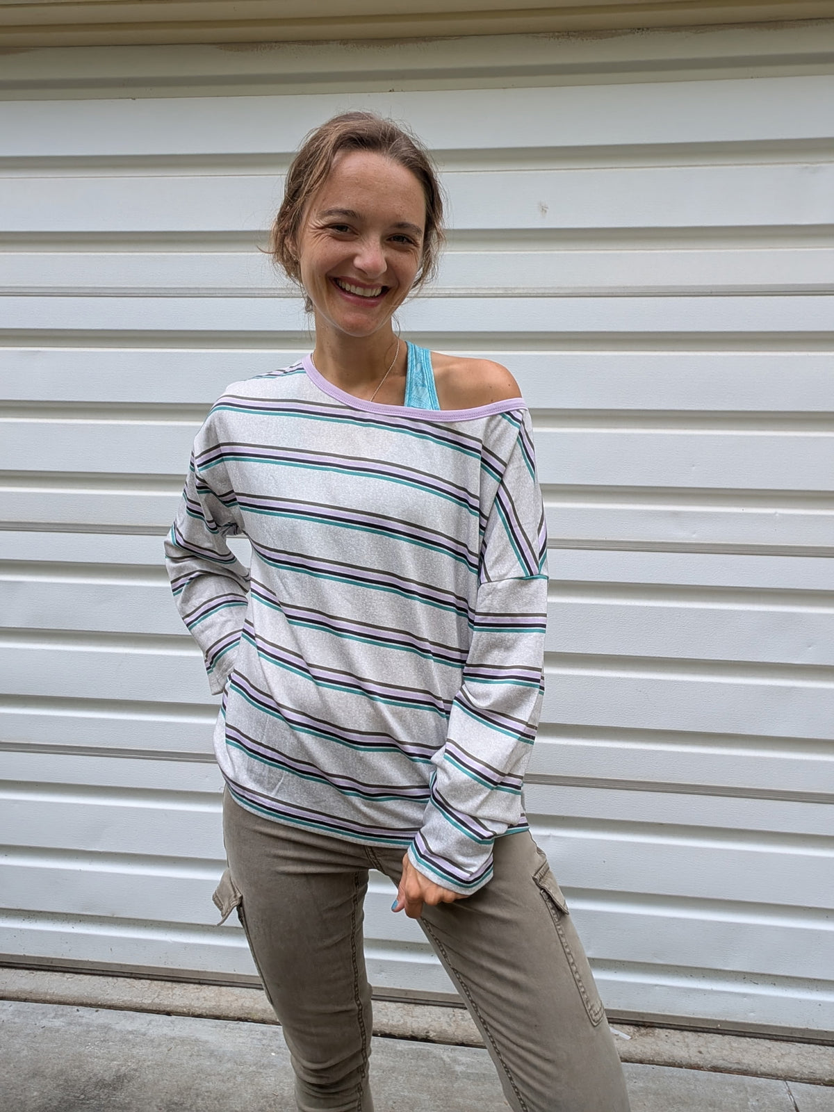 Lavender Haze Slouchy Off-The-Shoulder Long Sleeve — Heather Grey & Lilac Stripe