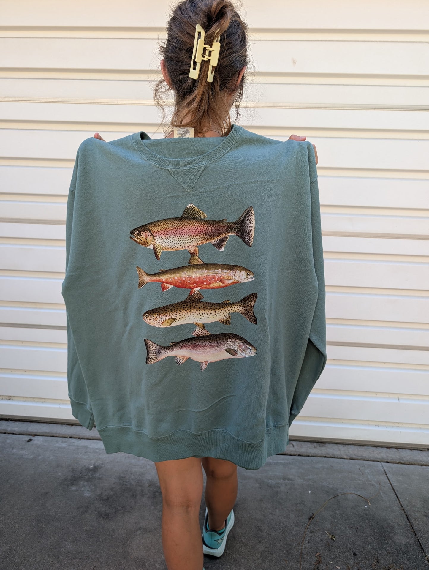Vintage Trout Species Cypress Green Crewneck Sweatshirt