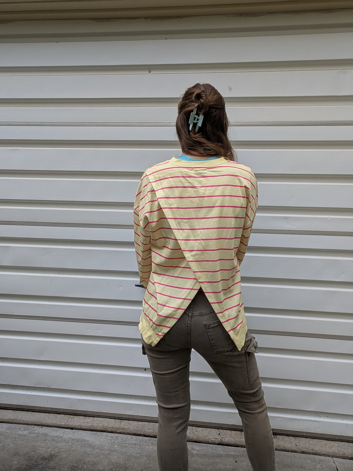 Sunny Day Striped Tulip-Back Pullover Sweatshirt — Butter Yellow & Hot Pink