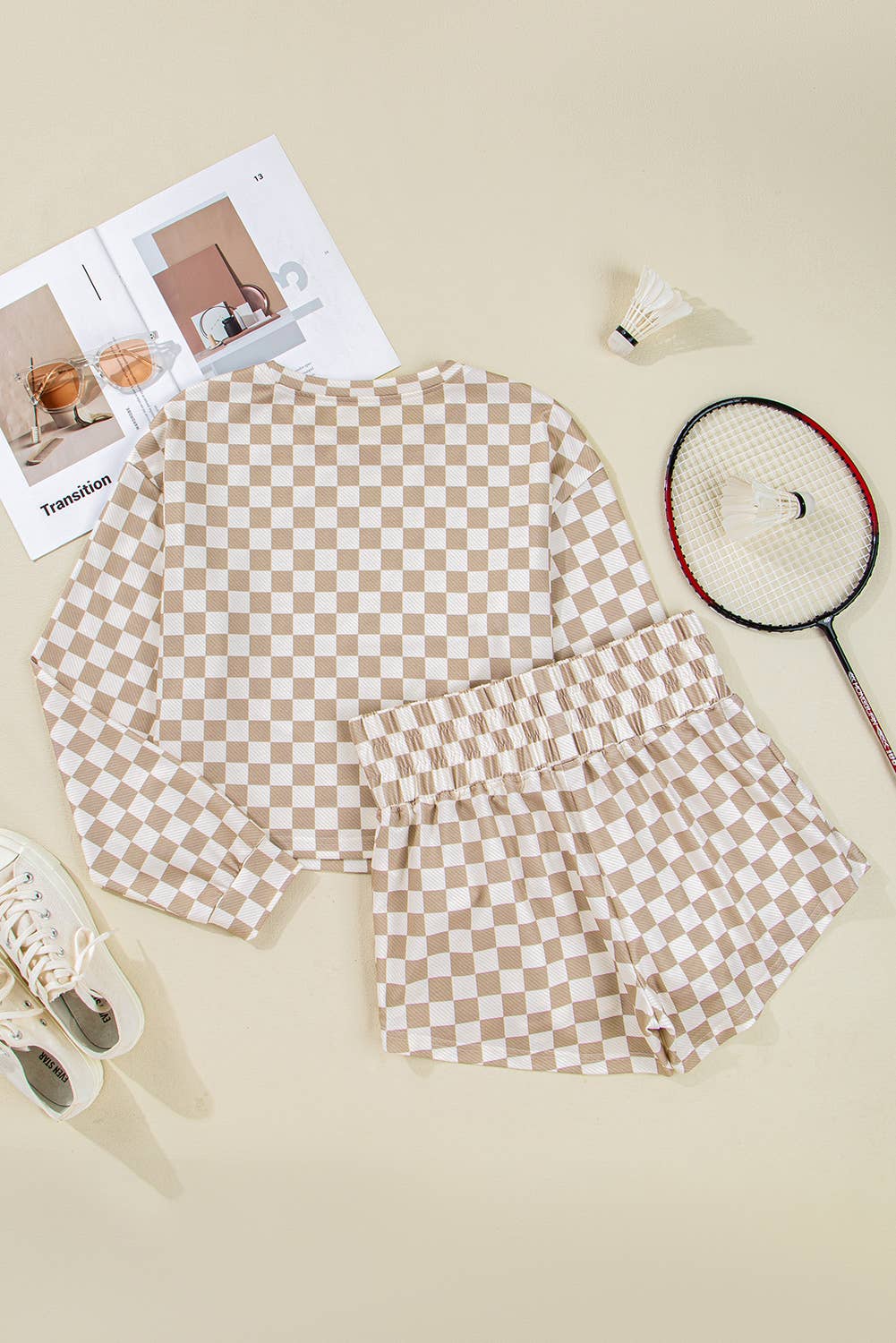Checkered Vibe Long Sleeve & Flutter Shorts Set — Warm Taupe