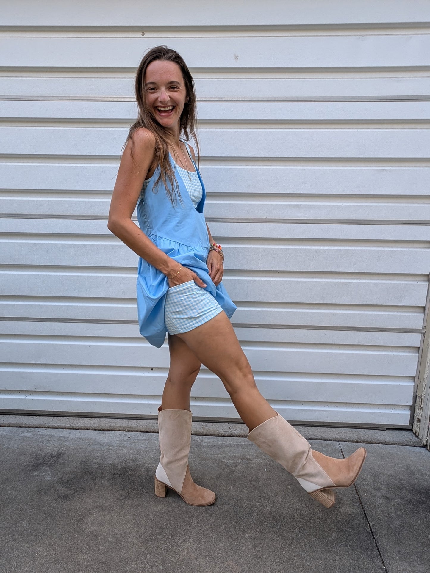 The Sweet Gingham Skies Romper Dress with Pockets