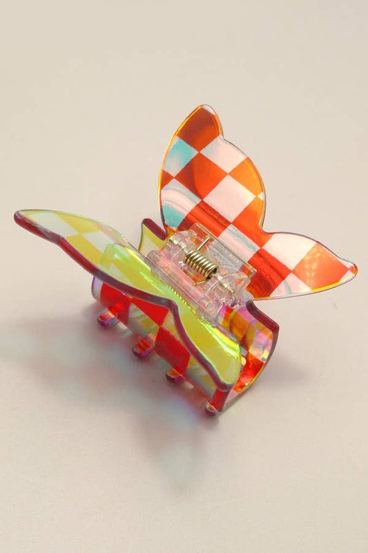CHECKER BUTTERFLY HOLOGRAPHIC HAIR CLAW CLIP