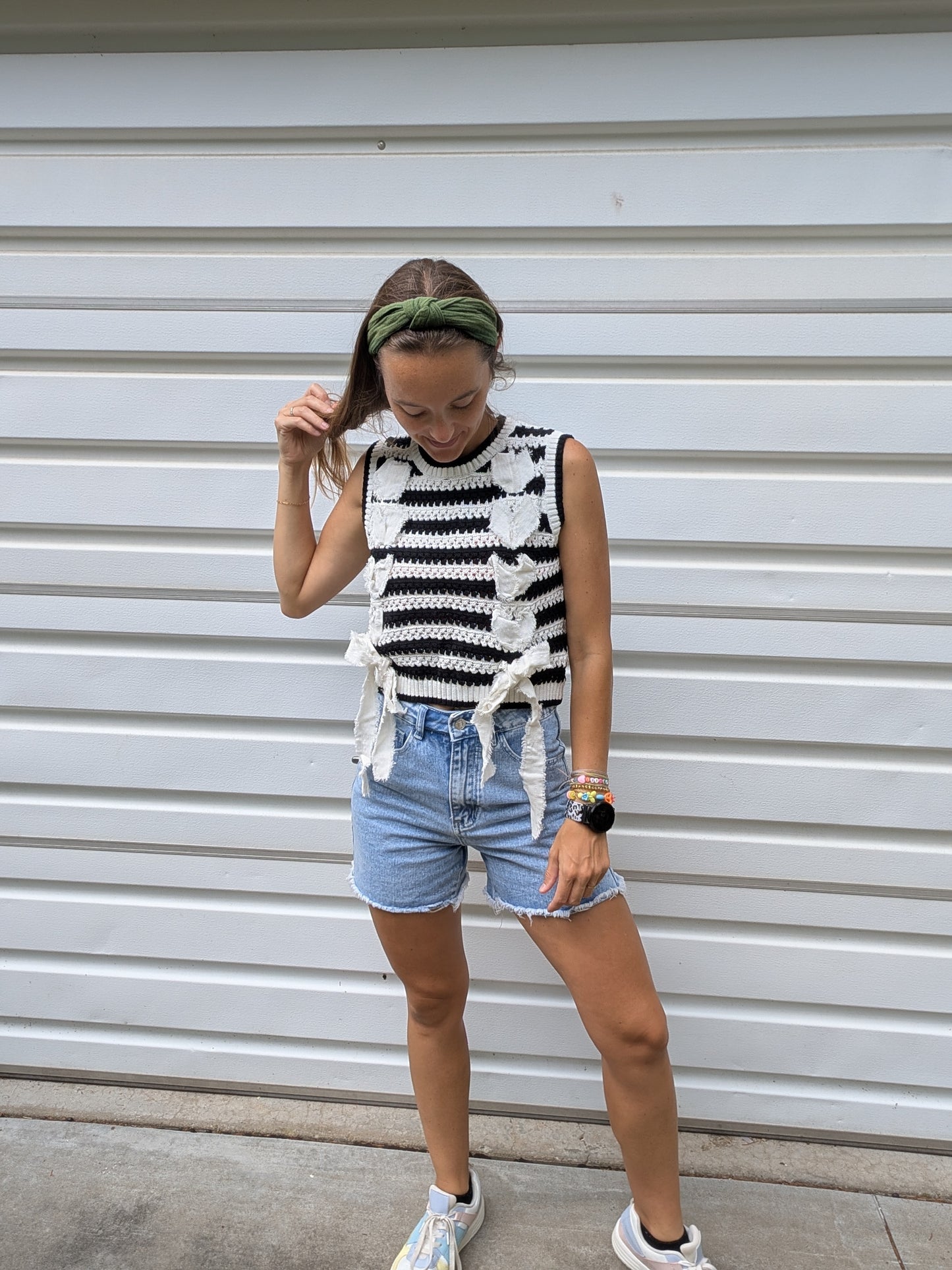 Monochrome Striped Bow Sweater Vest