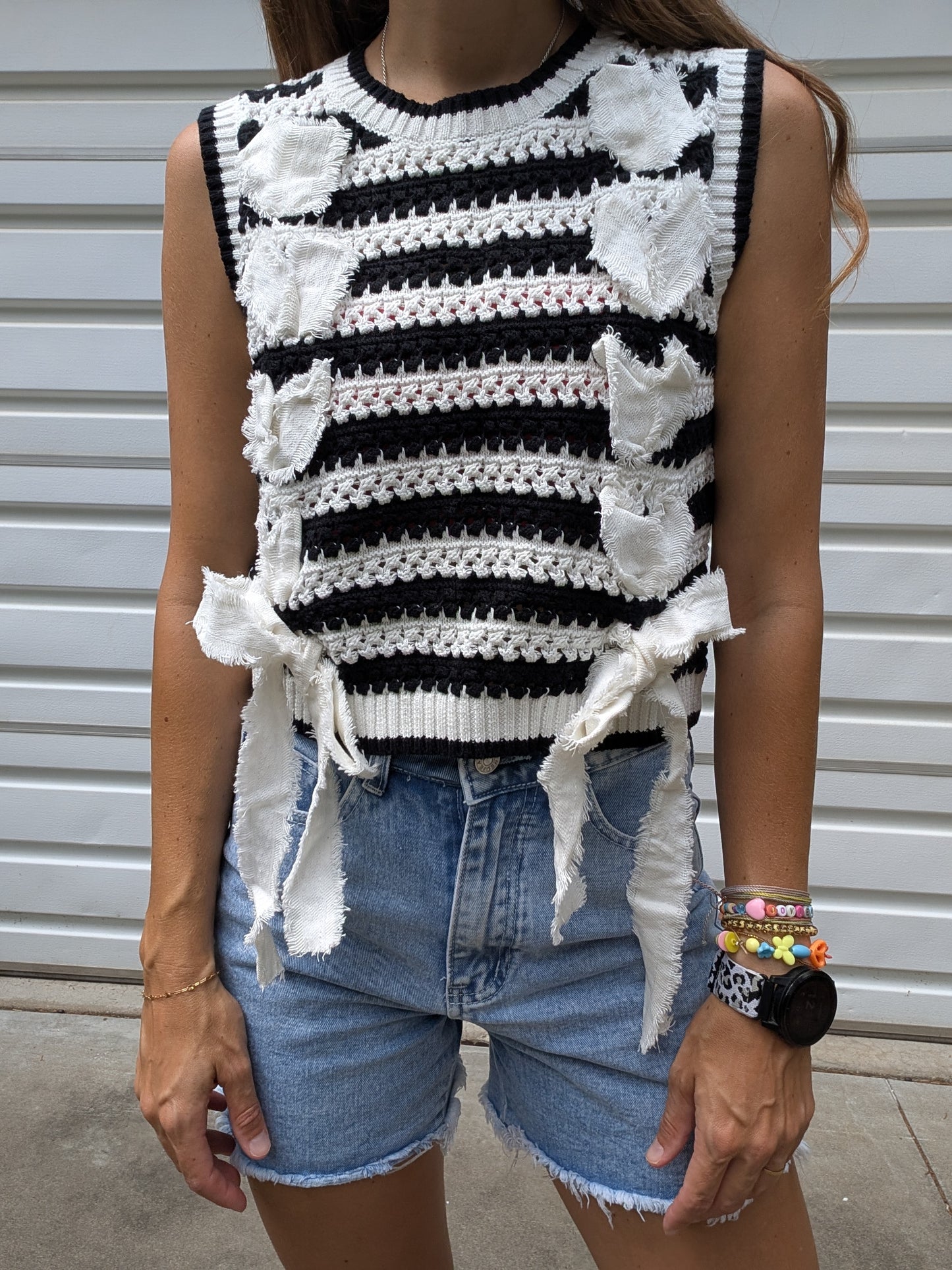 Monochrome Striped Bow Sweater Vest