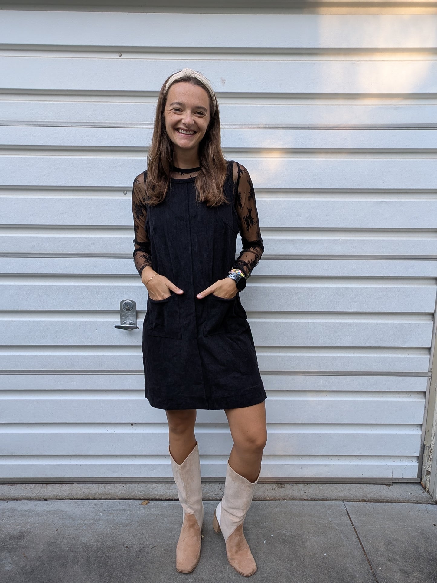 Corduroy Sleeveless Mini Dress With Patched Pockets