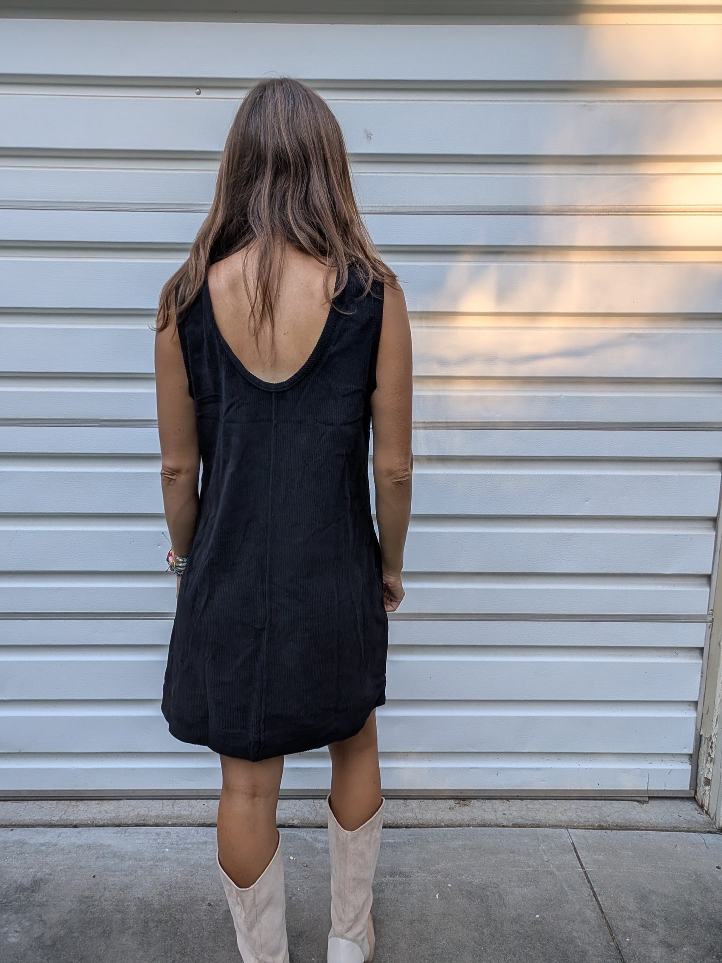 Corduroy Sleeveless Mini Dress With Patched Pockets