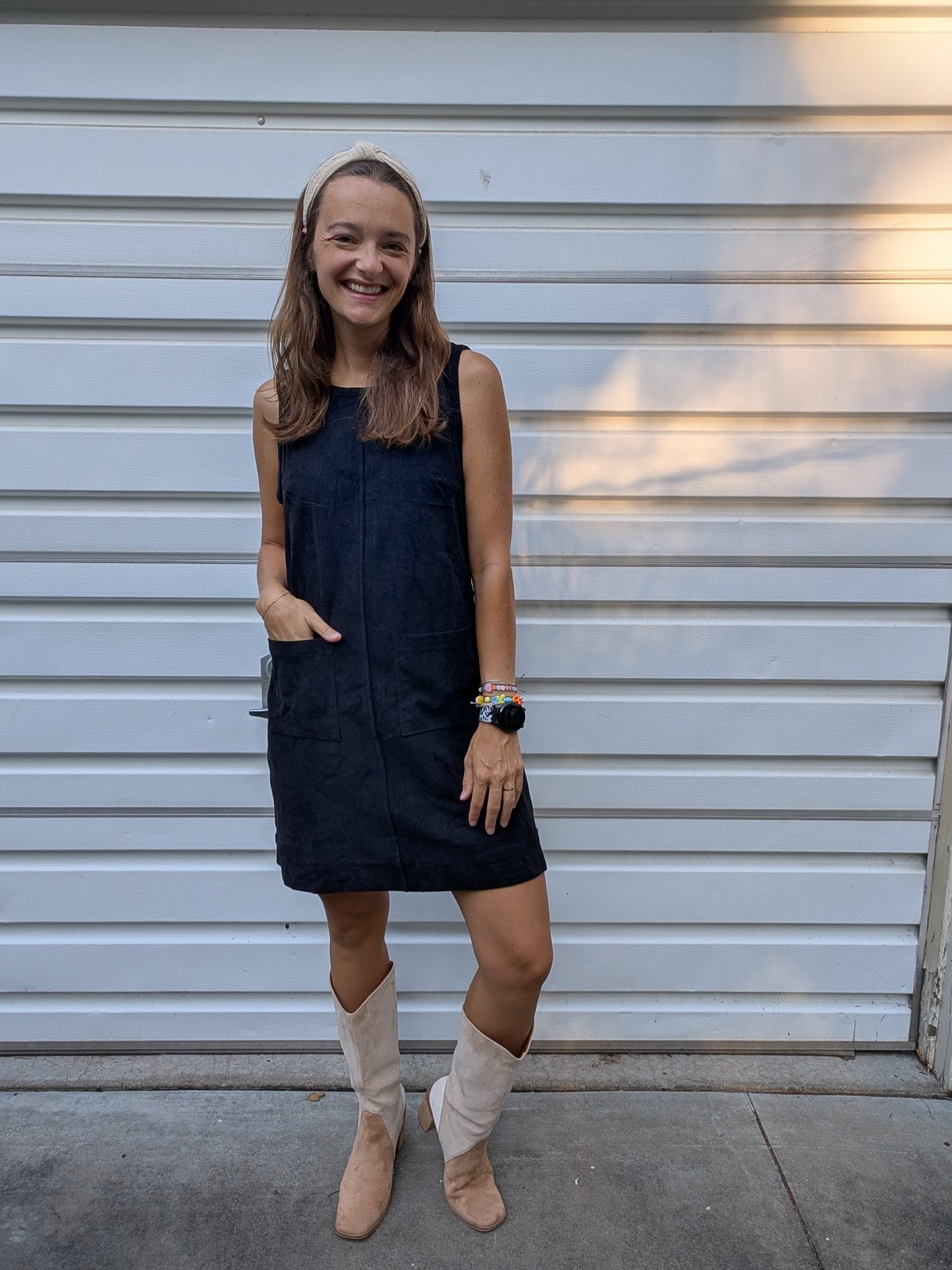 Corduroy Sleeveless Mini Dress With Patched Pockets