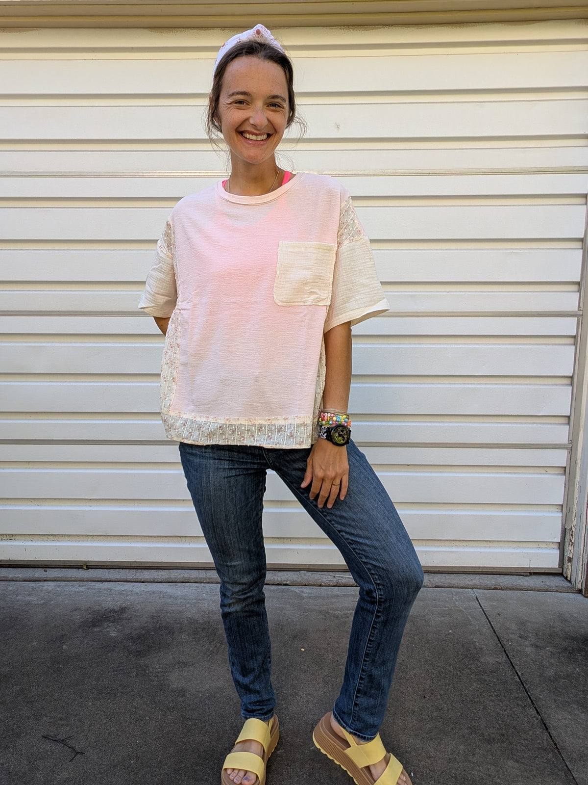 Sunlit Petal Mixed Media Tee - PINK