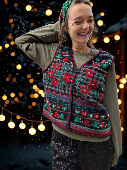 The Poinsettia Folk Tapestry Knit Vest