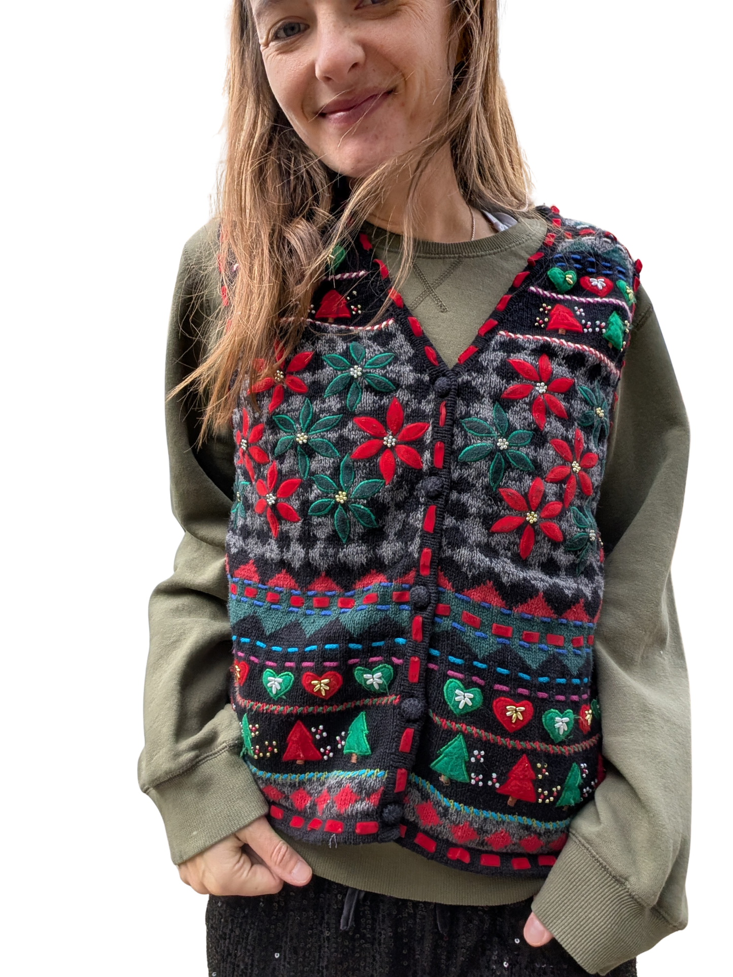The Poinsettia Folk Tapestry Knit Vest