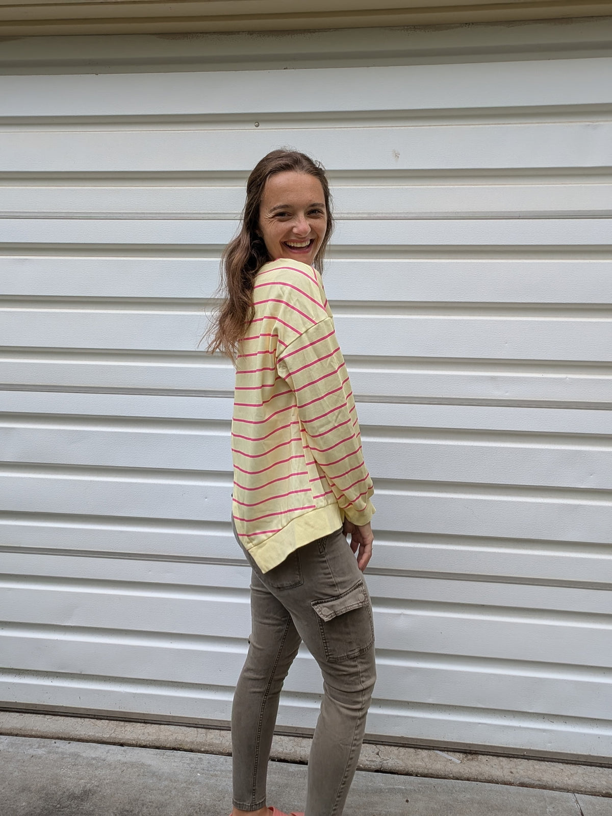 Sunny Day Striped Tulip-Back Pullover Sweatshirt — Butter Yellow & Hot Pink