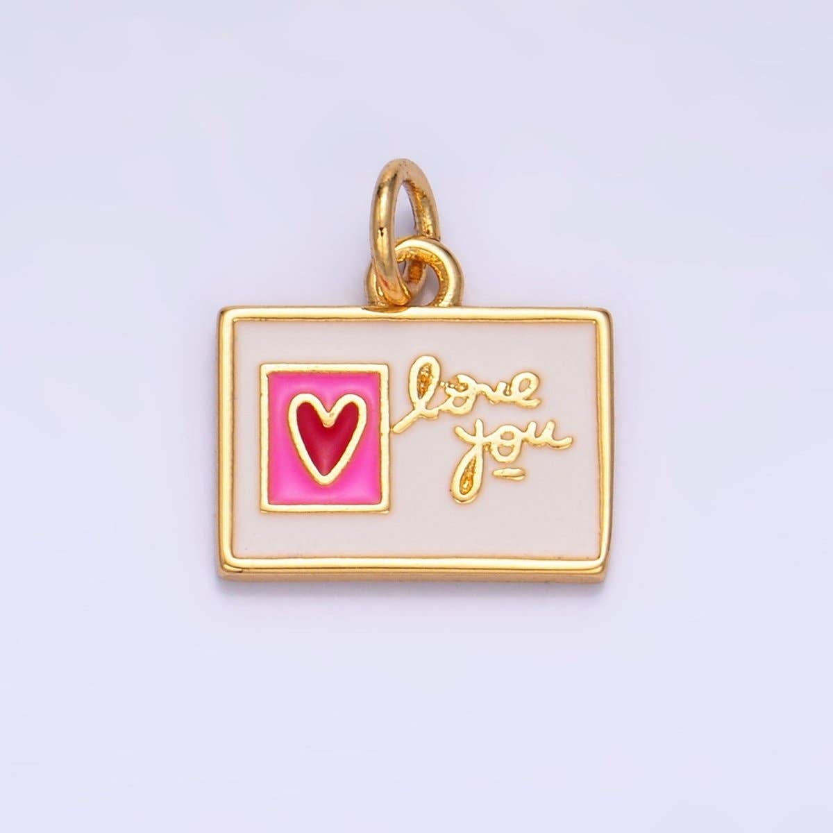 "Love You" Script Enamel Post Card Charm