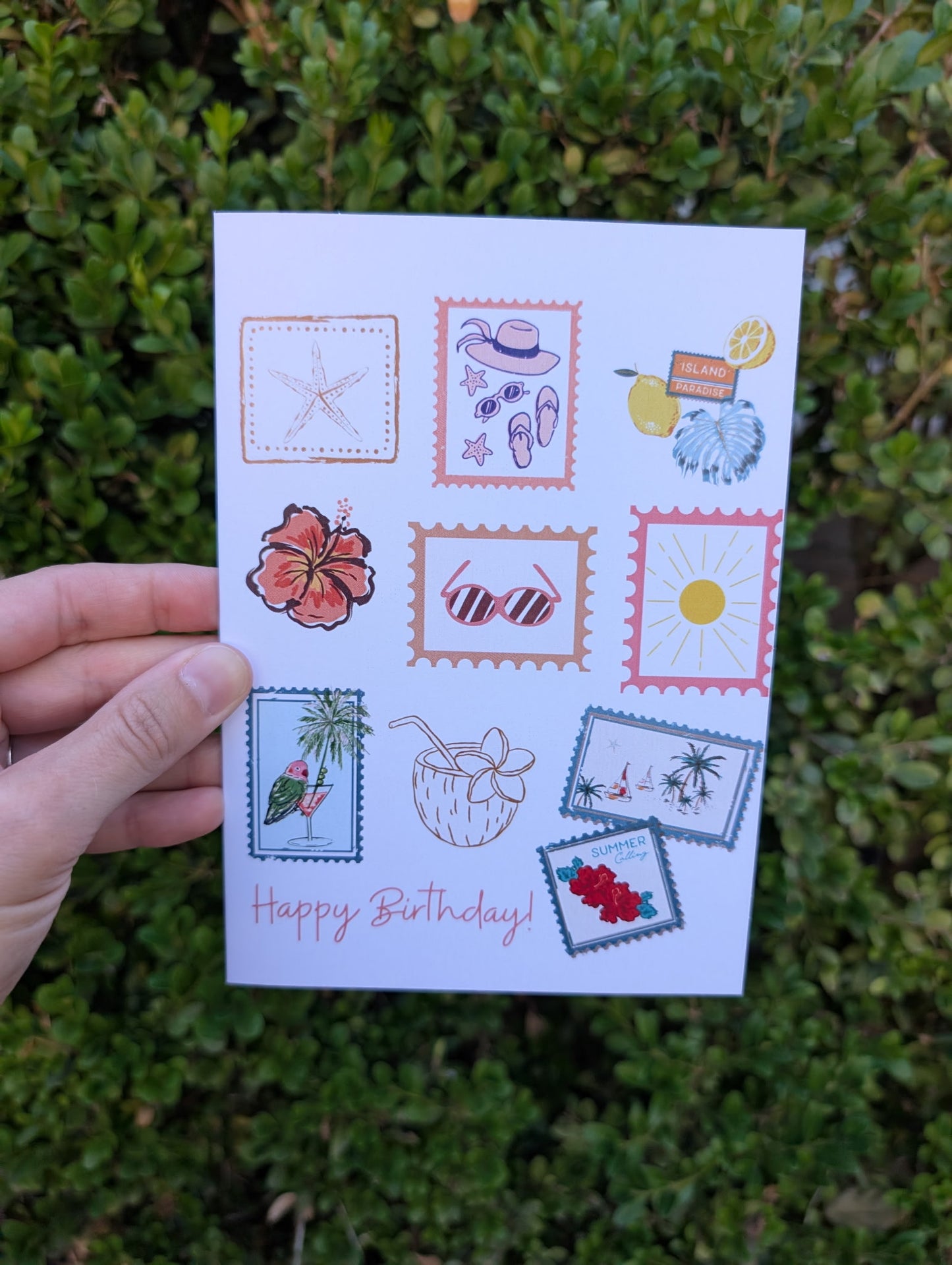 Tropical Stamps Happy Birthday - Greeting Card