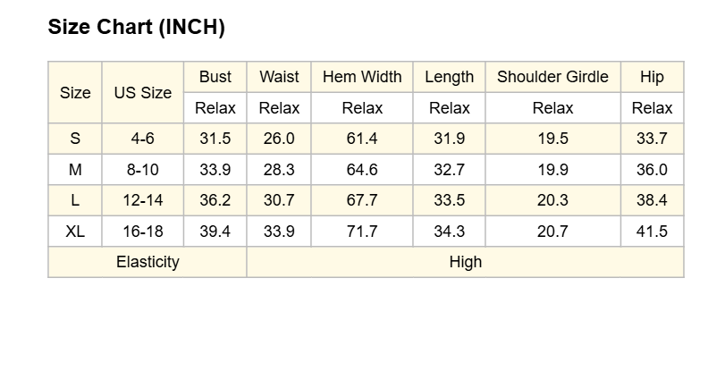 Size chart in inches for clothing measurements with US size labels.