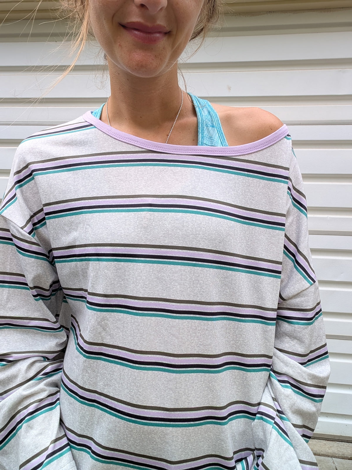 Lavender Haze Slouchy Off-The-Shoulder Long Sleeve — Heather Grey & Lilac Stripe