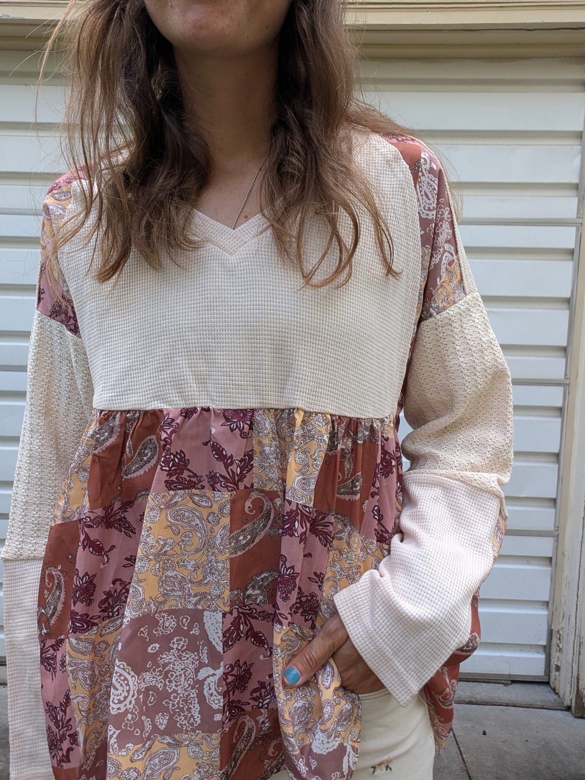Wildflower Road Waffle & Paisley Babydoll Top