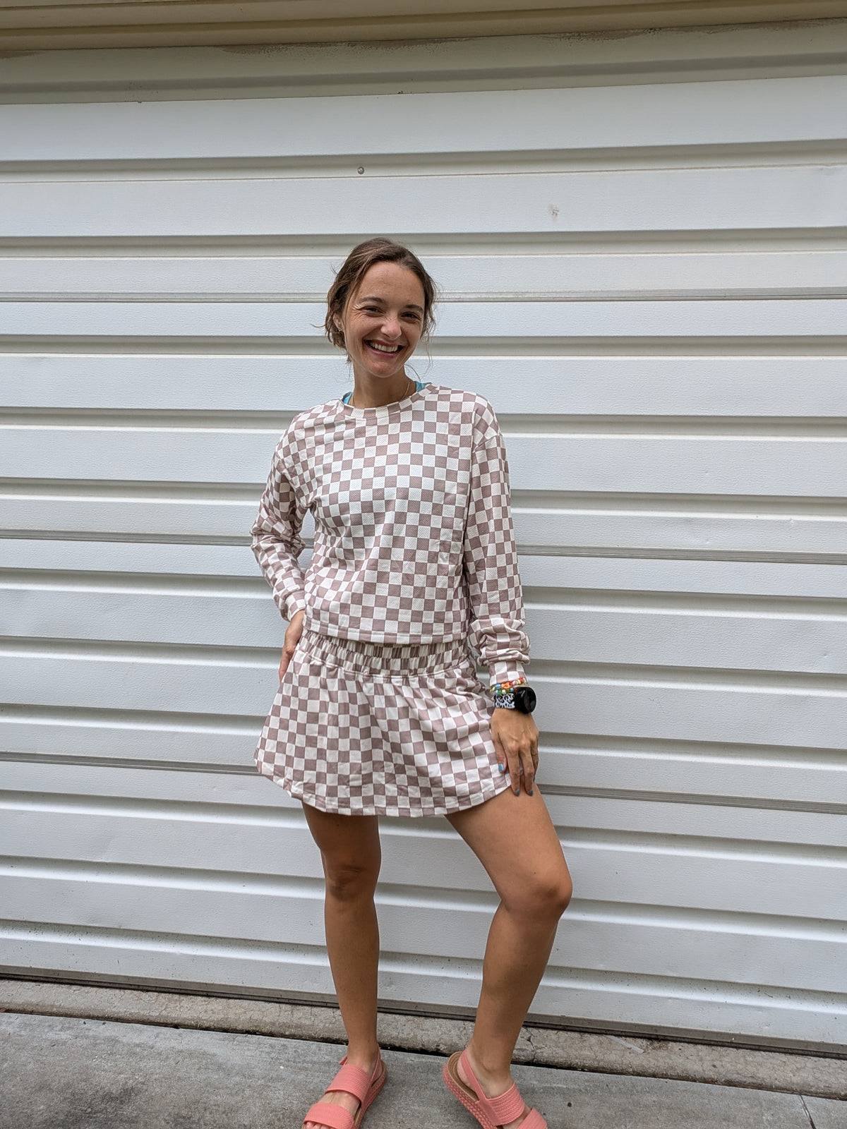 Checkered Vibe Long Sleeve & Flutter Shorts Set — Warm Taupe