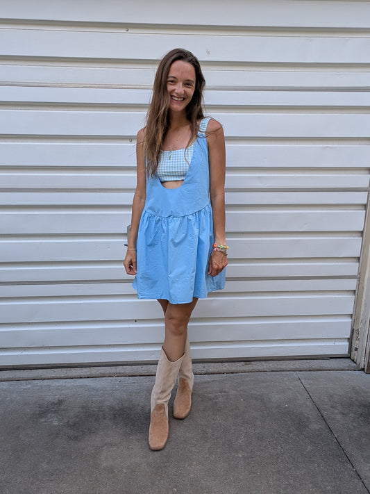 The Sweet Gingham Skies Romper Dress with Pockets