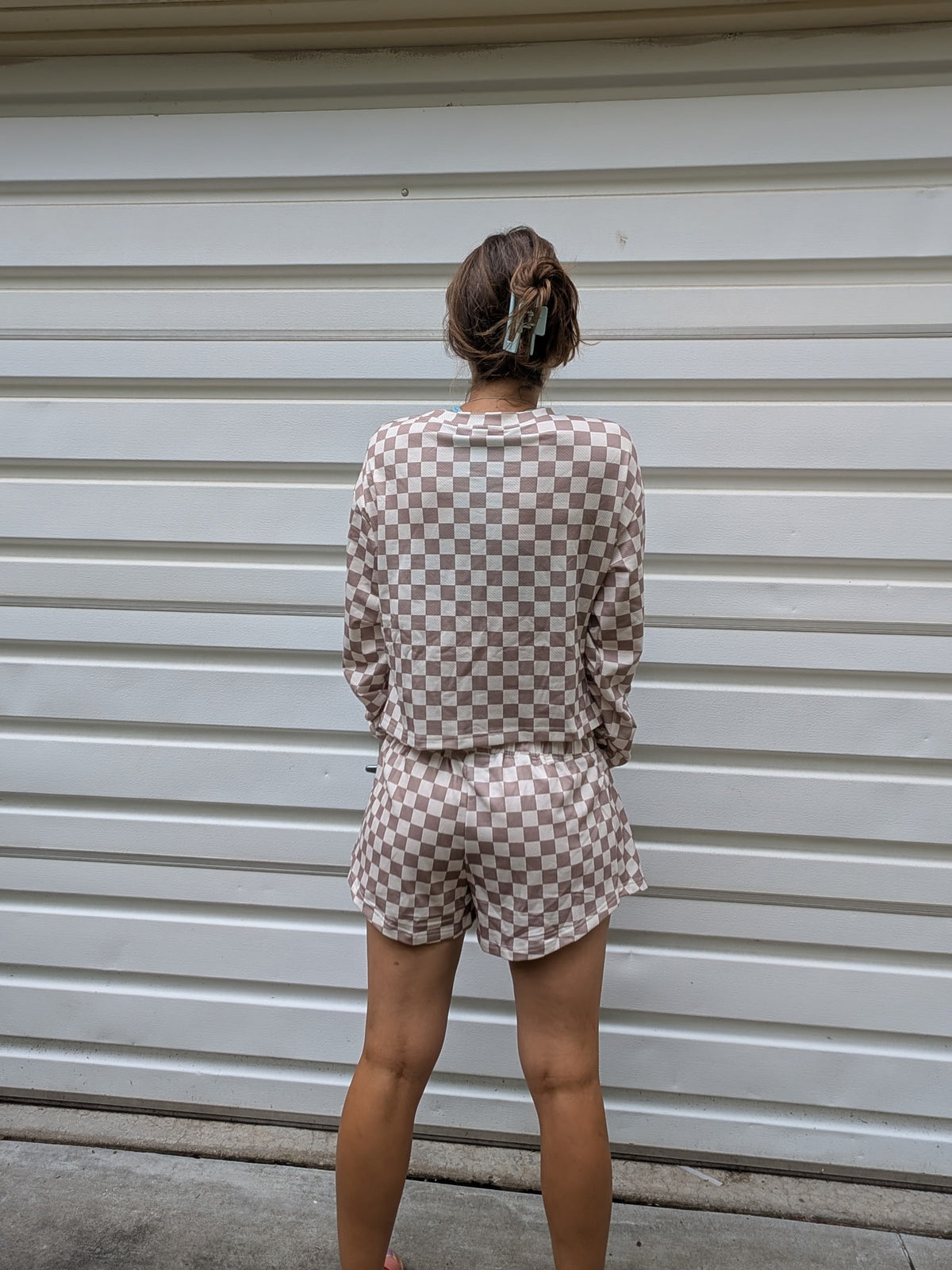 Checkered Vibe Long Sleeve & Flutter Shorts Set — Warm Taupe