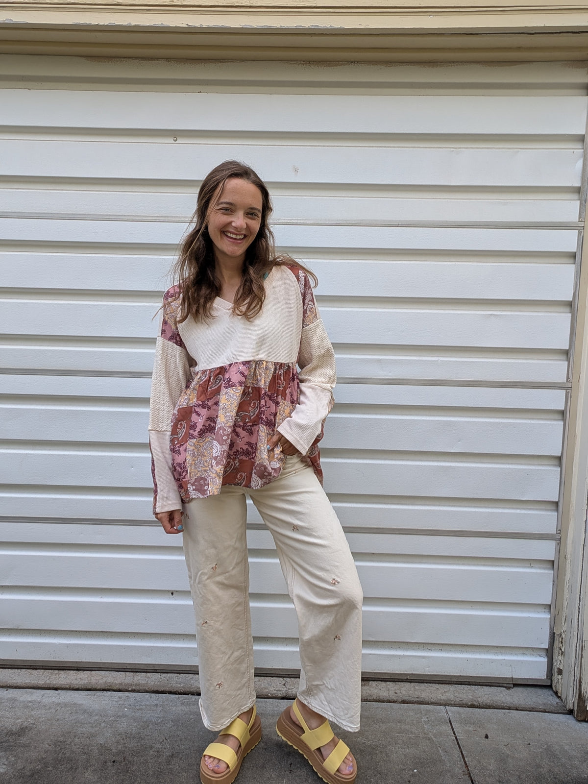 Wildflower Road Waffle & Paisley Babydoll Top