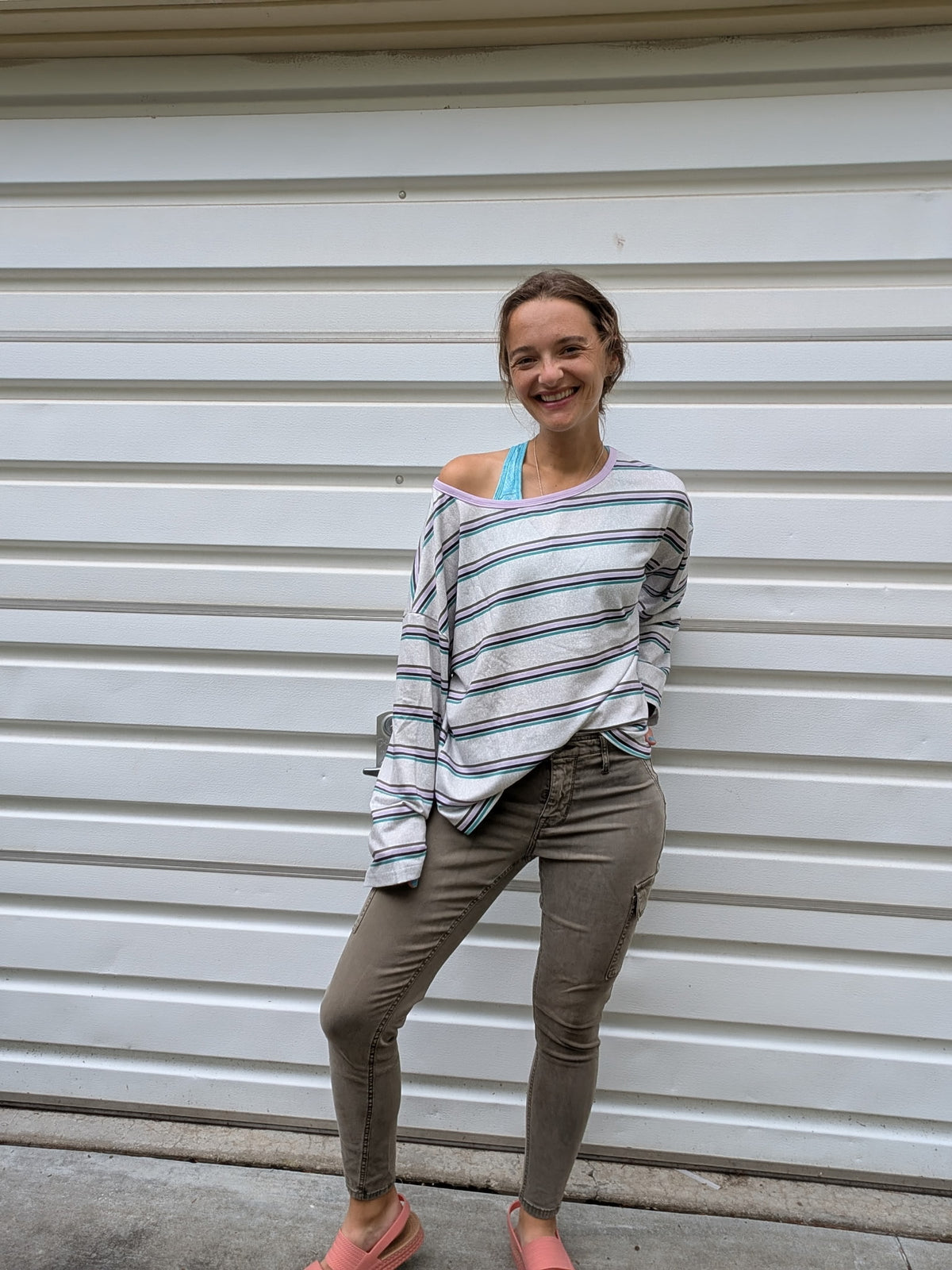 Lavender Haze Slouchy Off-The-Shoulder Long Sleeve — Heather Grey & Lilac Stripe