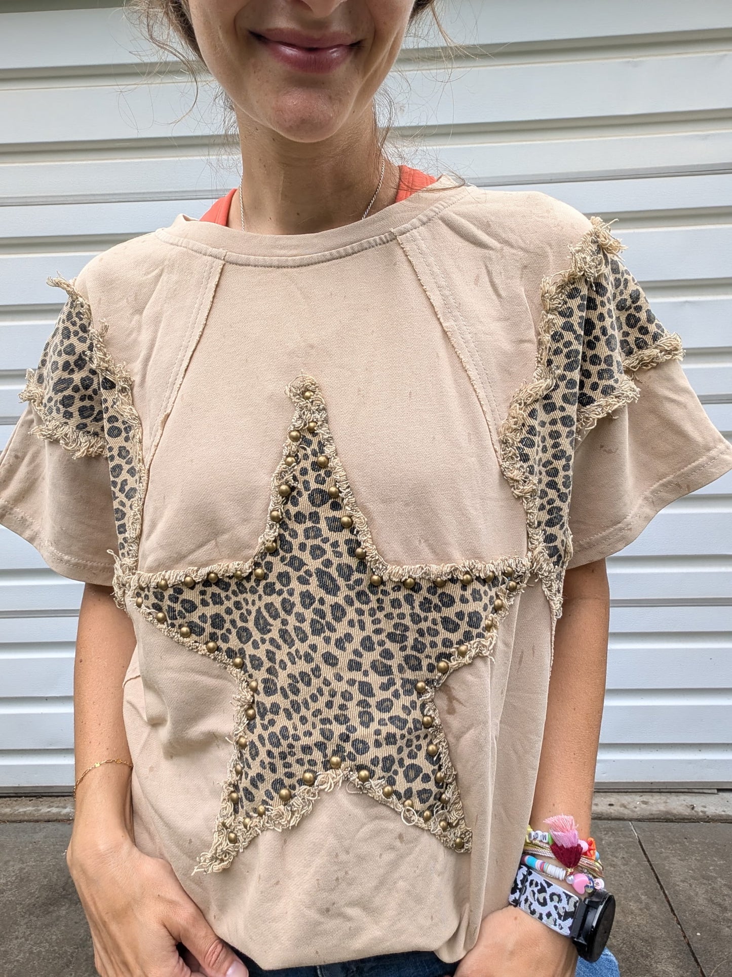 Studded Leopard Star Patchwork Top